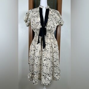 Boho Owl Print Mini Dress 6/8 Cream Smocked Waist Tie Front Cute Summer